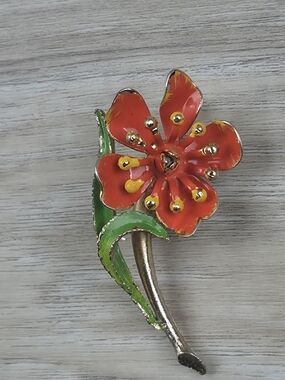 Vintage 1960s Enamel Flower Brooch Pin Red Yellow Stamen Green Stem Mod